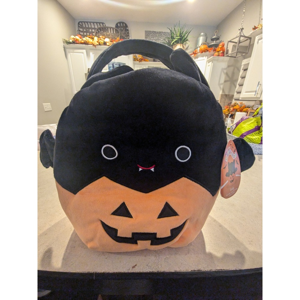 Squishmallows Emily Bat Pumpkin Halloween Treat Pail‎ Plush Candy Bag New